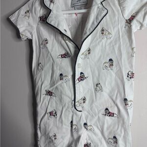Petite Plume White Bulldog Pajama Romper with Navy Trim 3-6 m